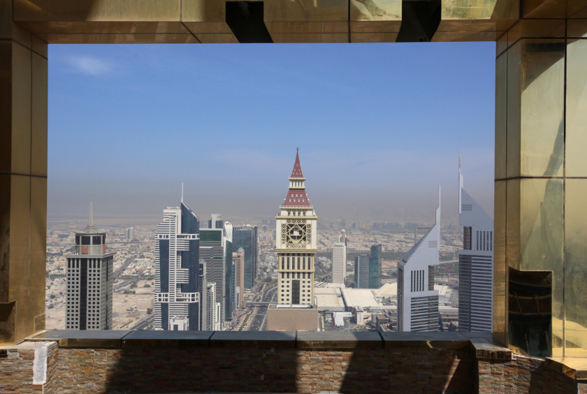 View shows Dubai Skyline from the 71st floor of the Gevora Hotel, the world’s tallest hotel, in Dubai