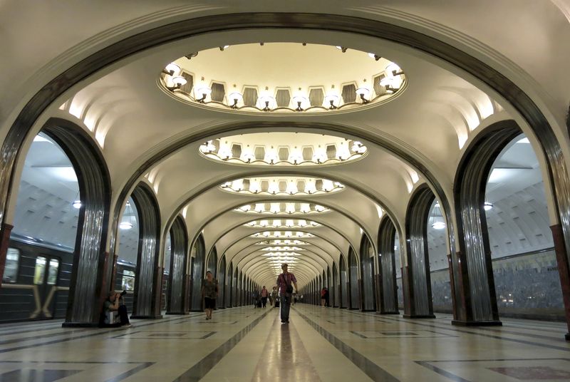 A man walks through the Mayakovskaya subway station in Moscow