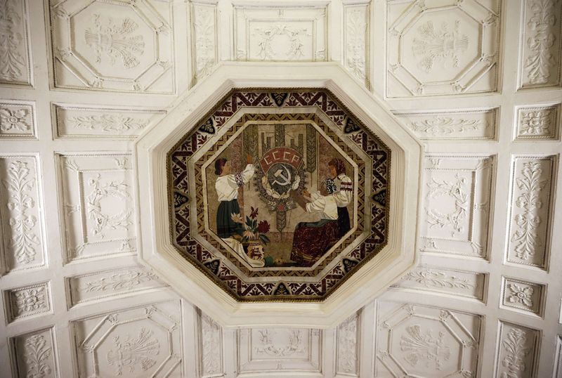 A ceiling panel is seen in Novoslobodskaya metro station, which was built in 1952, in Moscow