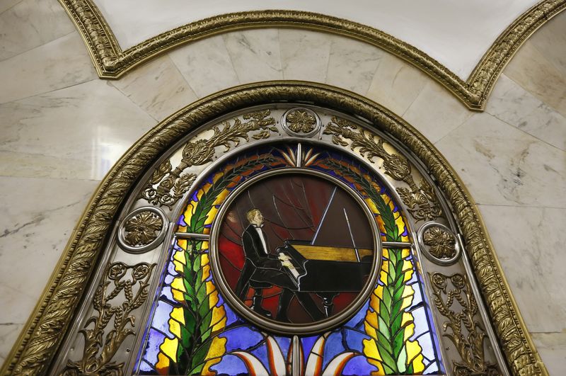 A stained glass panel is seen in Novoslobodskaya metro station, which was built in 1952, in Moscow