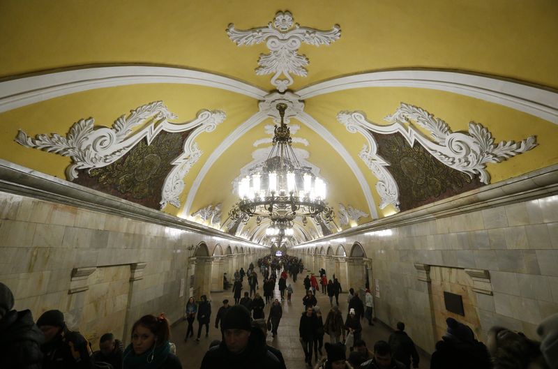 An interior view shows Komsomolskaya metro station on Koltsevaya line in Moscow