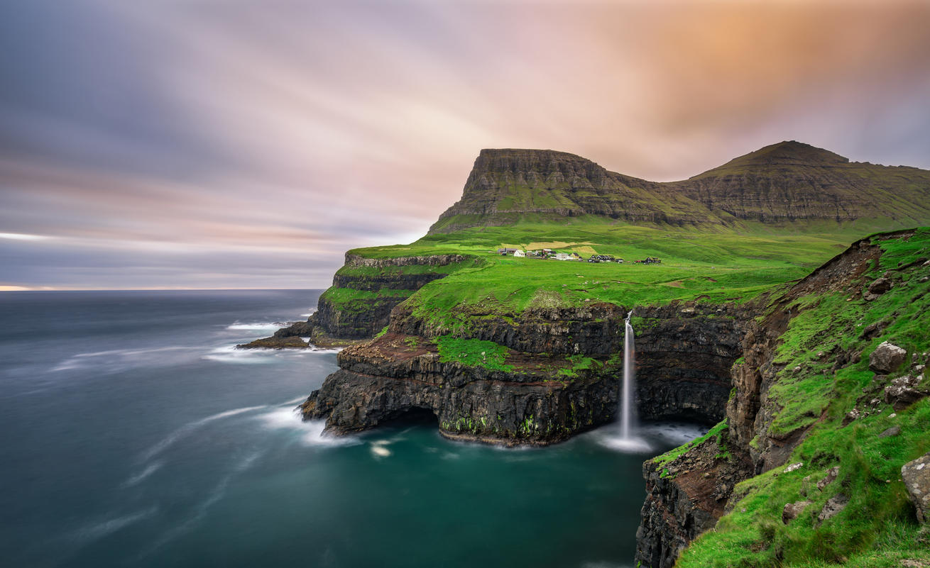 Gasadalur village and its waterfall, Faroe Islands, Denmark