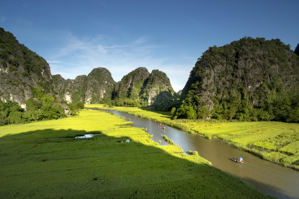 the majestic scenery on Ngo Dong river in Tam Coc Bich Dong view from the mountain top in Ninh Binh province of Viet Nam