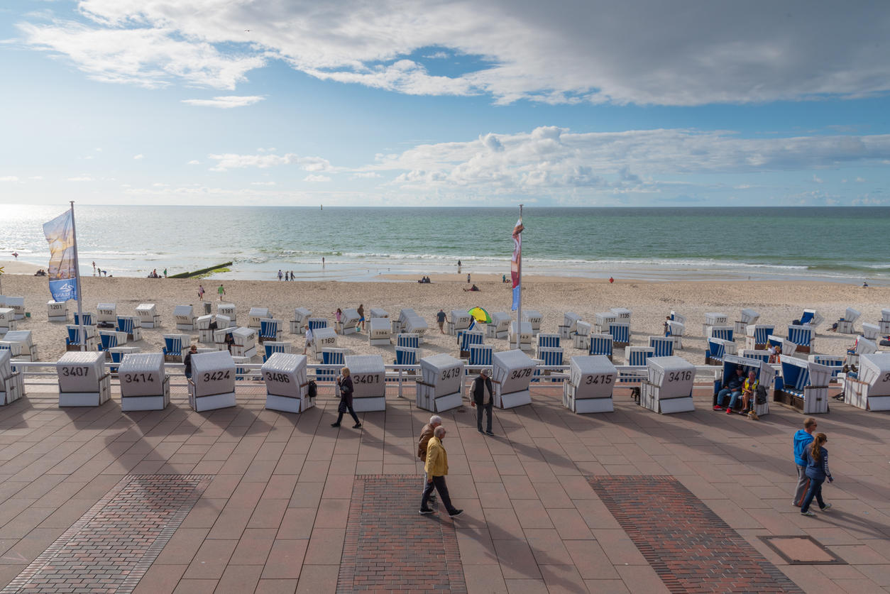 people and baltic beach chairs on boardwalk and beach of Westerland, Sylt