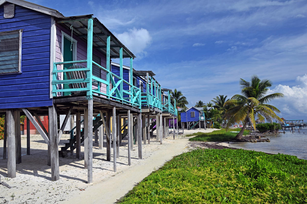 Caribbean houses on stilts on the beach