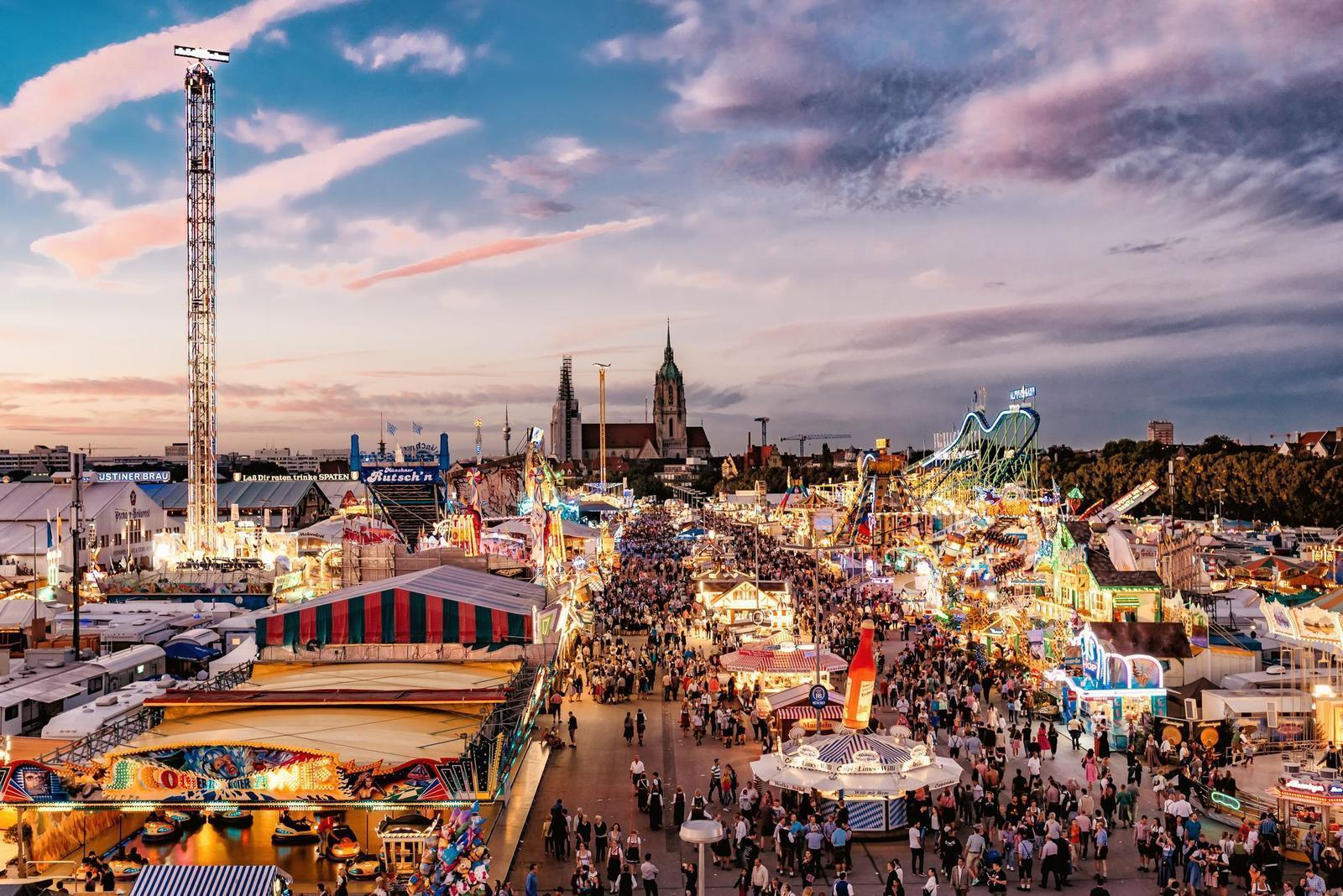 aerial view on Oktoberfest in Munich at sunset hour