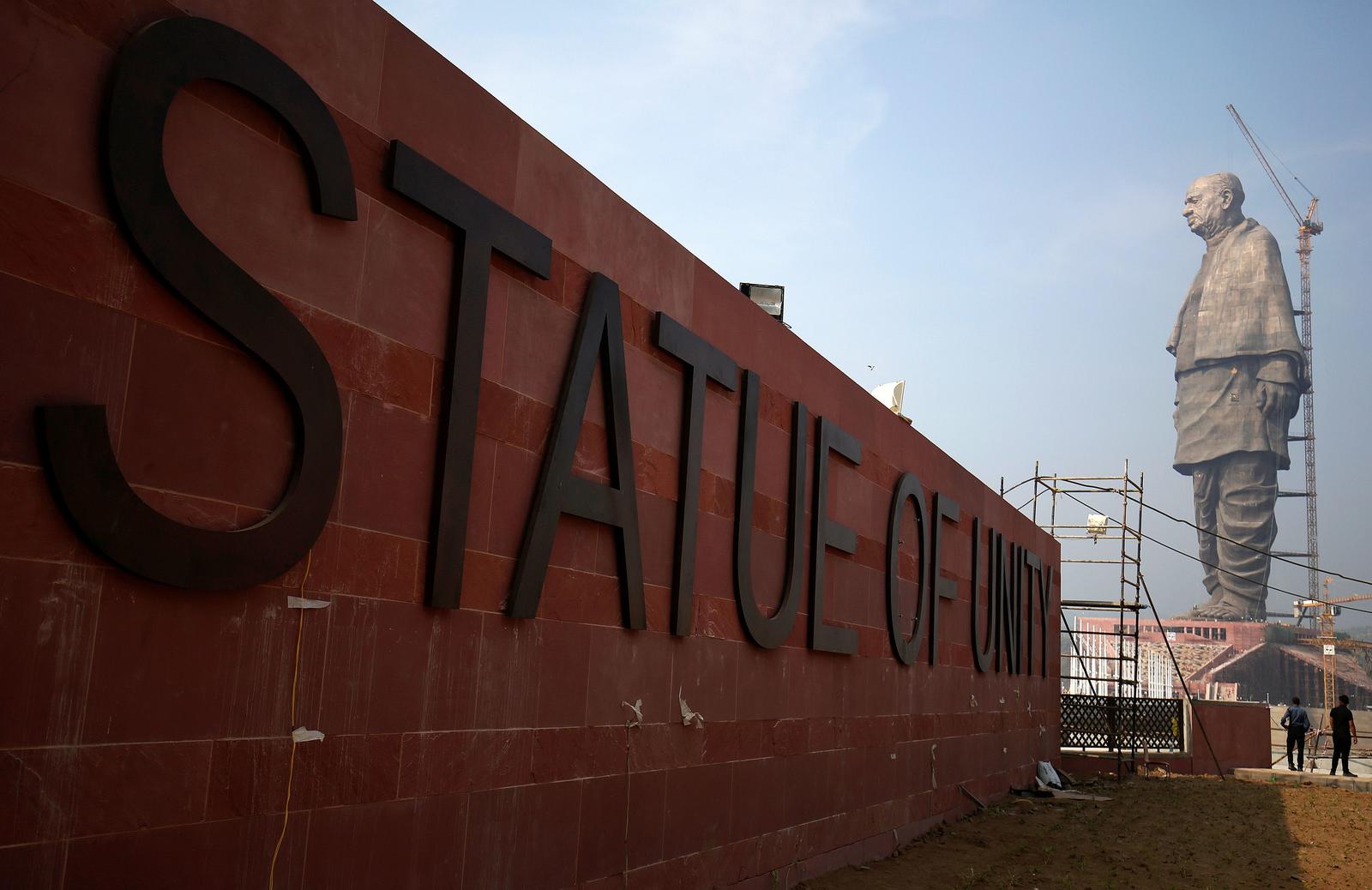 A view of the under construction site of the “Statue of Unity” portraying Sardar Vallabhbhai Patel, one of the founding fathers of India, during a media tour in Kavadia