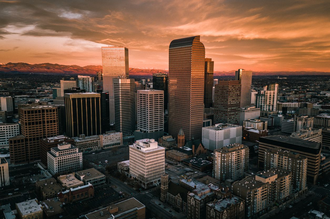 Aerial drone photo – Sunrise over city of Denver Colorado