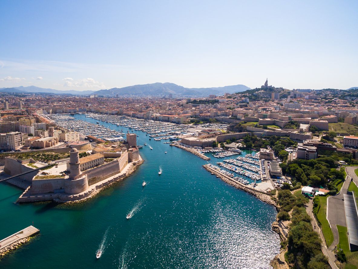 Aerial view of Marseille pier – Vieux Port, Saint Jean castle, and mucem in south of France