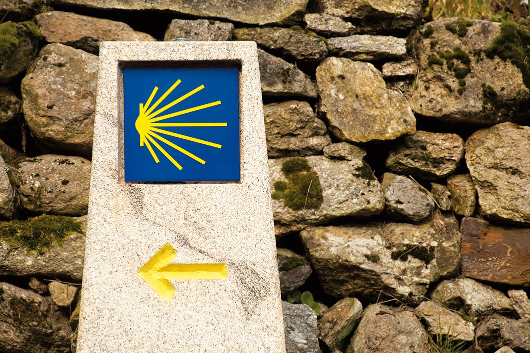Camino de Santiago, pilgrims scallop symbol, yellow arrow.