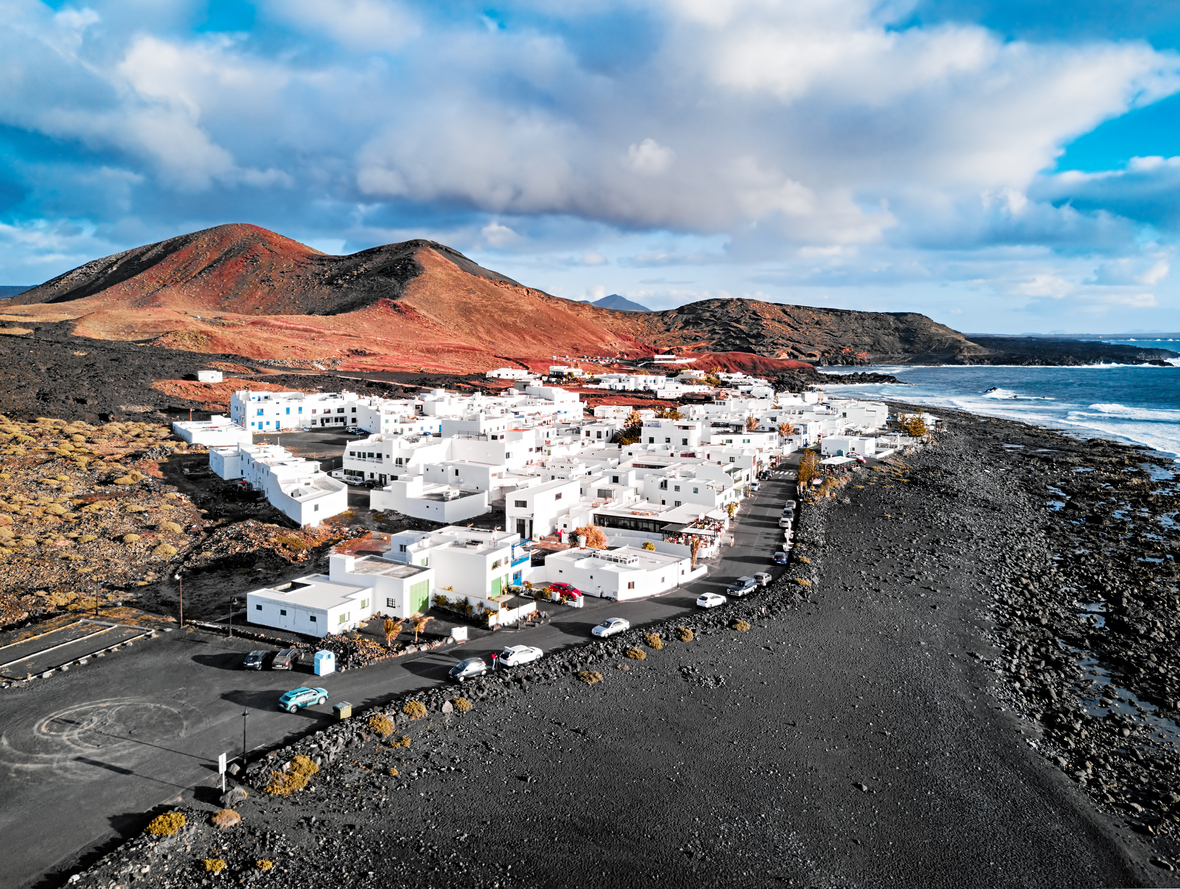 Aerial view of El Golfo village, Lanzarote, Canary Islands, Spain
