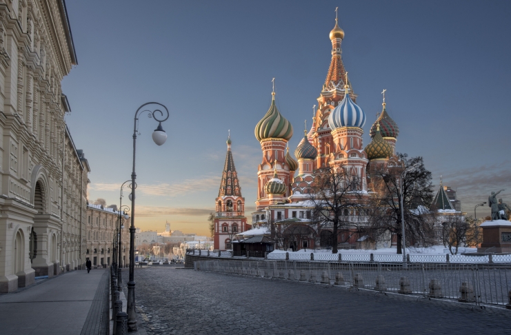saint basil’s cathedral and near buildings  from req square at sunrise in winter moscow Russia