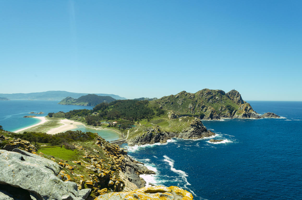 View of the Cies Islands National Park from the viewpoint of the Queen’s Chair. Vigo. Galicia. Spain.