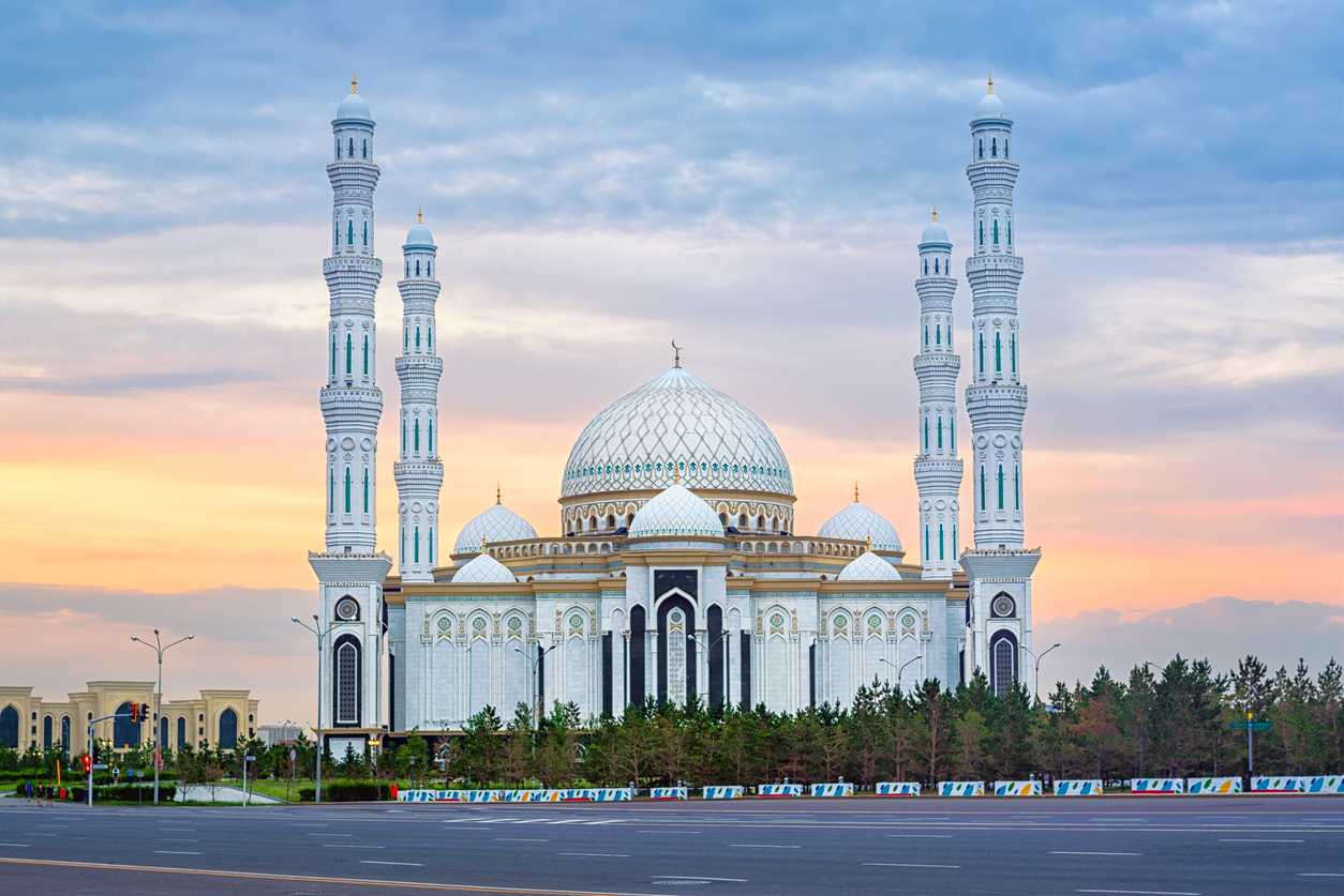 Nur-Sultan, Kasakhstan, beautiful white Hazrat Sultan mosque on sunset