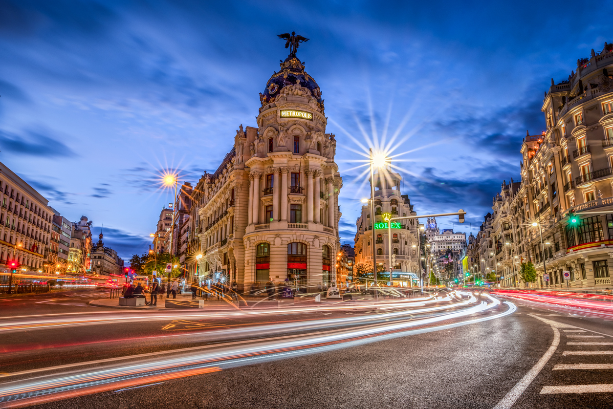 Gran via in Madrid at sunset with light trails. Spain